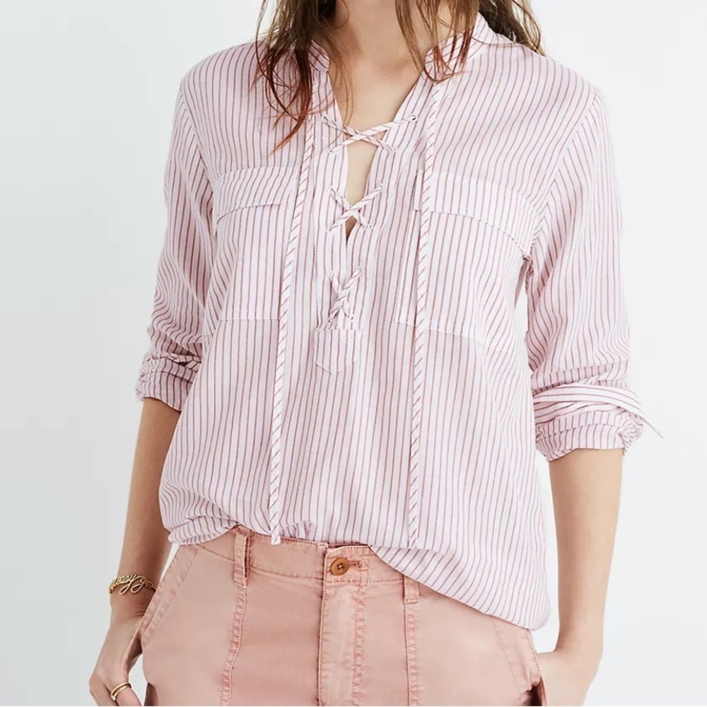 Oversized MADEWELL Terrace Lace-Up Shirt in Vera Stripe Size XXS